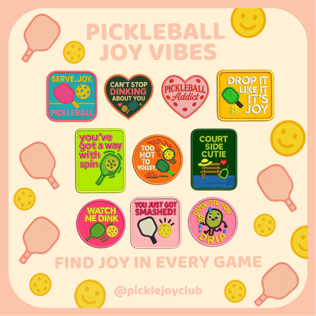 Pickleball Joy Vibes 3M Stick-On Patch collection - all designs flat lay - Picklé Joy Club