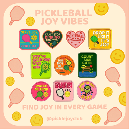Pickleball Joy Vibes 3M Stick-On Patch collection - all designs flat lay - Picklé Joy Club
