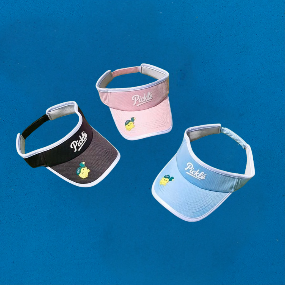 Picklé Visor Cap collection in Black, Baby Pink, and Baby Blue — pickleball sun visors built for comfort and style.